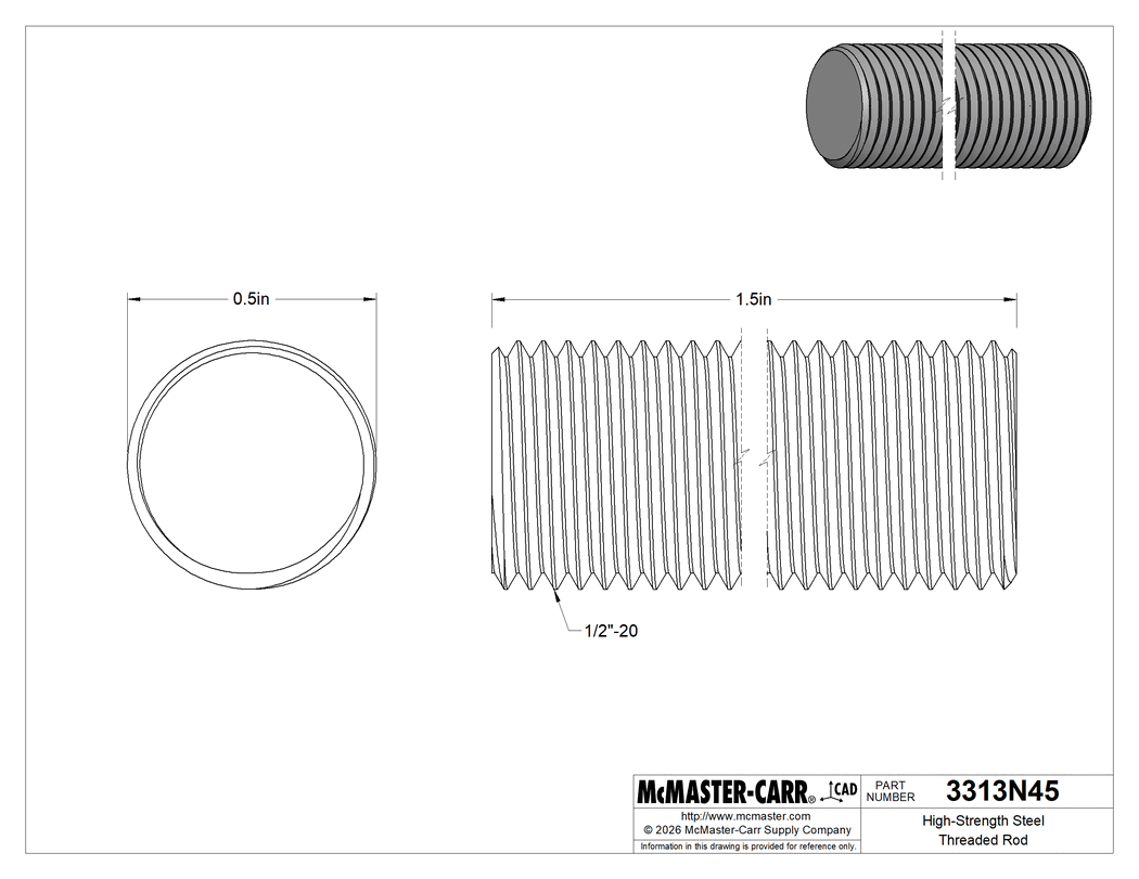 Technical Drawing of High-Strength Steel Threaded Rod, Zinc Yellow-Chromate Plated, 1/2"-20 Thread Size, 1-1/2" Long.